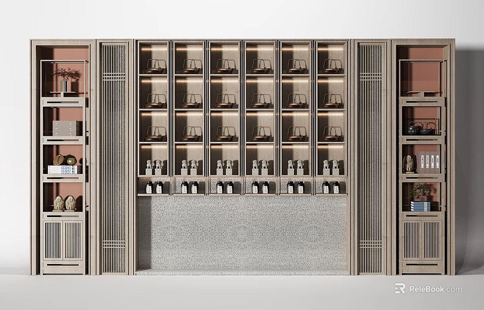 Elegant Modern Decorative Cabinet With Layered Shelves And Displayed Items 3d model