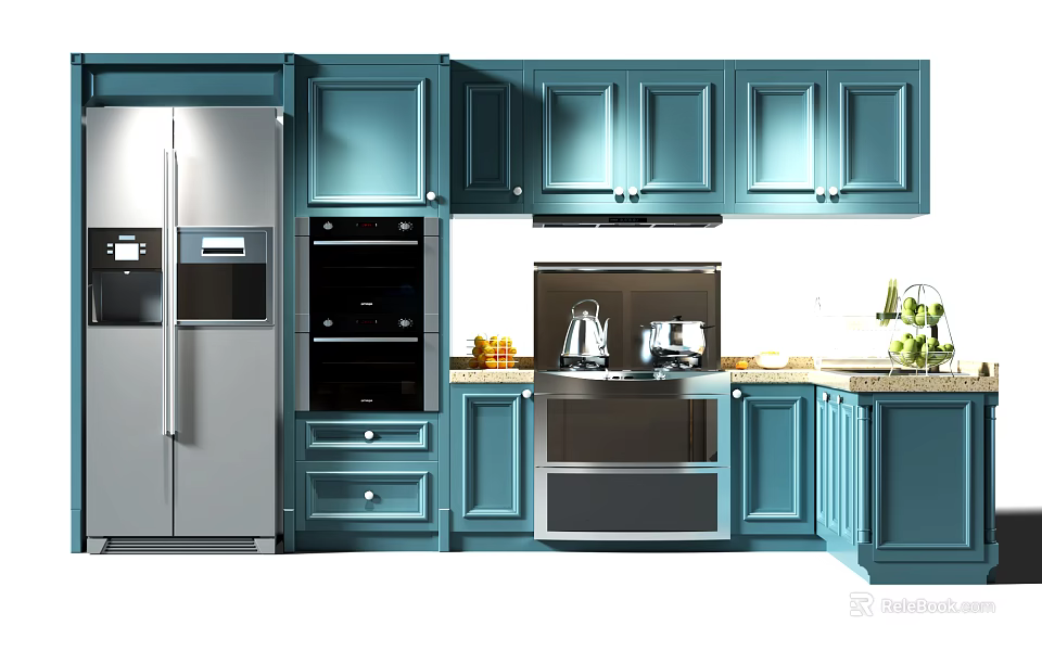 Blue Kitchen Cabinetry In Modern Interior With Stainless Steel Appliances And Countertop 3d model 