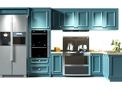 Blue Kitchen Cabinetry In Modern Interior With Stainless Steel Appliances And Countertop 3d model