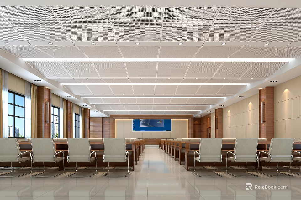 Spacious Modern Conference Room Interior With Long Table Comfortable Chairs And Recessed Lighting 3d model