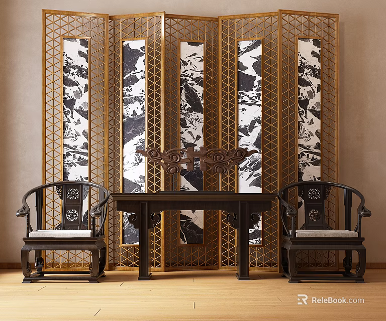 Chinese Style Dark Wooden Decorative Cabinet With Carved Screen Matching Table And Chairs 3d model 