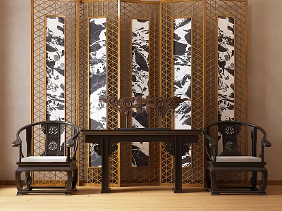 Chinese Style Dark Wooden Decorative Cabinet With Carved Screen Matching Table And Chairs 3d model