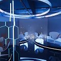 Modern Hi tech Exhibition Hall With LED Screens Futuristic Lighting Circular Platform And Digital Backdrop
