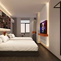 Modern Hotel Room Interior With Large Bed Art Wall TV And Wooden Flooring