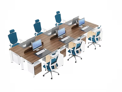 Long Wooden Office Desk With Multiple Computers And Blue White Rolling Chairs 3d model