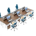 Long Wooden Office Desk With Multiple Computers And Blue White Rolling Chairs