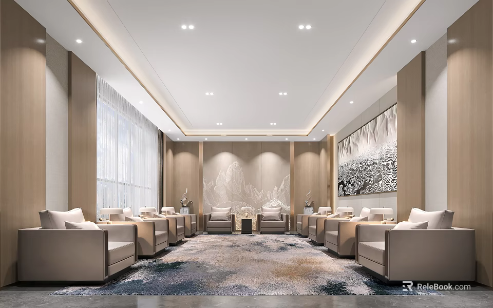 Modern Elegant Hotel Public Lounge Area With Beige Sofas Large Windows And Landscape Painting 3d model 