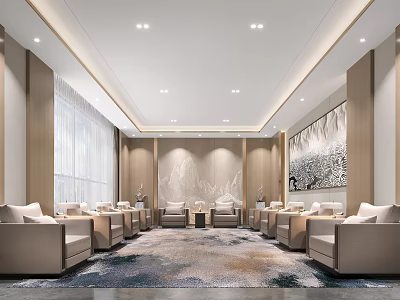 Modern Elegant Hotel Public Lounge Area With Beige Sofas Large Windows And Landscape Painting 3d model