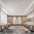 Modern Elegant Hotel Public Lounge Area With Beige Sofas Large Windows And Landscape Painting