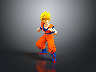 Son Goku Super Saiyan Action Figure in Orange Outfit Blue Accents Dynamic Pose Gray Background 3d model