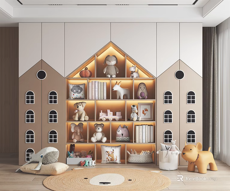 House Shaped Decorative Cabinet in Kids Room with Toys Books Figurines and Warm Lighting 3d model 