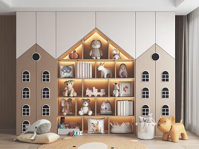 House Shaped Decorative Cabinet in Kids Room with Toys Books Figurines and Warm Lighting 3d model