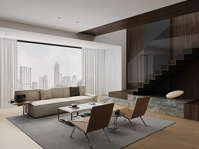 Modern Living Room Interior With Large Windows City View Light Sofa Brown Chairs Staircase 3d model