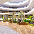Open Multi Level Indoor Public Space With Colorful Geometric Structures Green Plants And Wooden Flooring