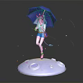 Horned Purple Hair Character Holding Blue Umbrella On White Circular Base With Floating Pink Petals