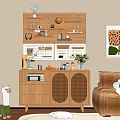 Wooden Console Cabinet and Sideboard with Wicker Doors Pegboard Kitchen Items Coffee Machine Vase Oranges