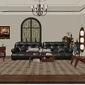 Elegant Living Room Interior With Black Leather Sofa Coffee Table And Wooden Floor