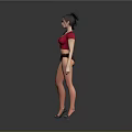 Woman in red top and dark lingerie posing with high heels on gray background