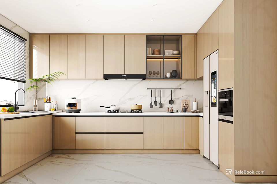 Modern Minimalist Kitchen Interior With Light Wood Cabinets Marble Countertops And Appliances 3d model 
