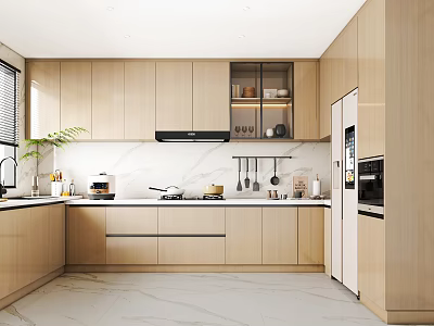 Modern Minimalist Kitchen Interior With Light Wood Cabinets Marble Countertops And Appliances 3d model