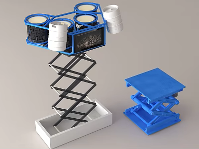 Fire Fighting Equipment Hydraulic Lifting Platform With White Buckets Black Containers And Small Blue Platform 3d model