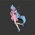Cute Cartoon Child with Light Blue Hair Pink Dress Big Gloves and Fox Tail Dancing