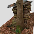 Wooden Logs Stacked Structure With Corrugated Metal Roof And Tree Trunk Surrounded By Fallen Leaves