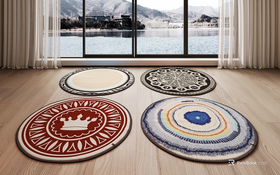 Round Rugs With Various Patterns For Modern Living Room Decor On Wooden Floor 3d model 