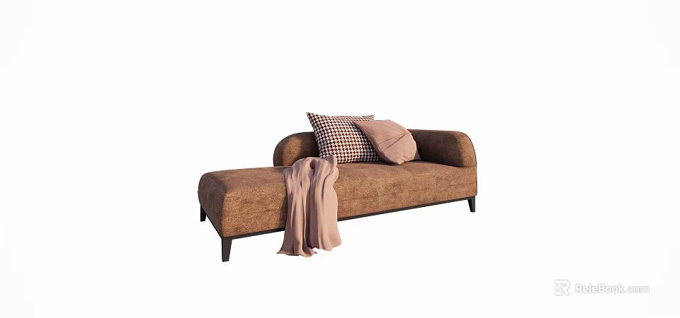 Elegant Modern Brown Chaise Lounge With Checkered Pillow And Soft Beige Blanket 3d model 