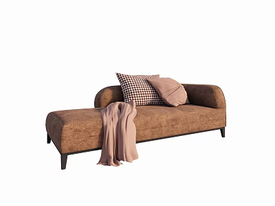 Elegant Modern Brown Chaise Lounge With Checkered Pillow And Soft Beige Blanket 3d model