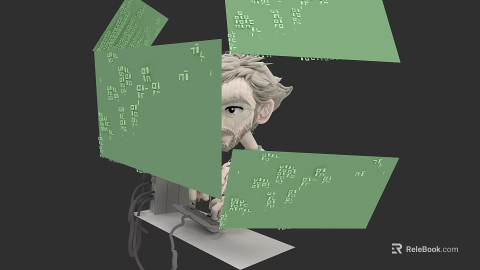 Man Partially Hidden By Green Code Blocks In Digital Black Background Scene 3d model 