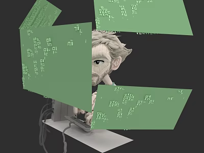 Man Partially Hidden By Green Code Blocks In Digital Black Background Scene 3d model