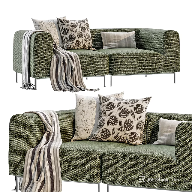 Green Textured Two Seater Sofa With Striped Blanket And Floral Decorative Pillows 3d model 