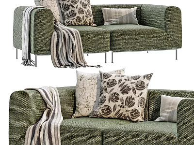 Green Textured Two Seater Sofa With Striped Blanket And Floral Decorative Pillows 3d model