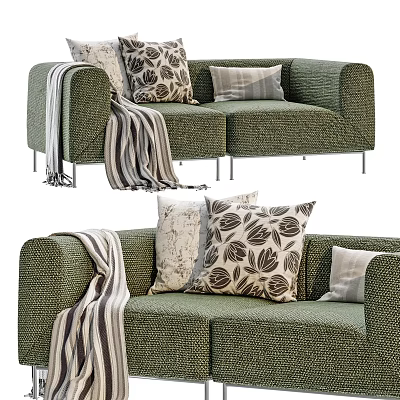 Green Textured Two Seater Sofa With Striped Blanket And Floral Decorative Pillows 3d model