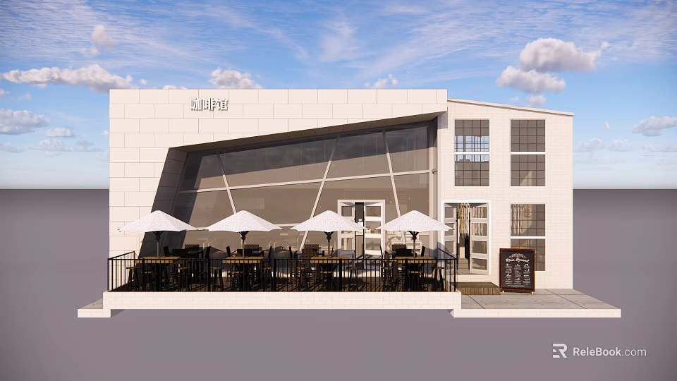 Modern Café Building Exterior With White Walls Large Glass Windows Terrace White Umbrellas And Tables 3d model 