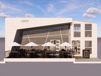 Modern Café Building Exterior With White Walls Large Glass Windows Terrace White Umbrellas And Tables 3d model