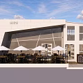 Modern Café Building Exterior With White Walls Large Glass Windows Terrace White Umbrellas And Tables