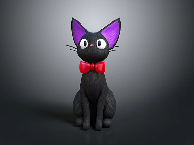 Cute Black Cat Toy With Purple Ears White Eyes And Red Bow Tie Sitting On Gray Background 3d model