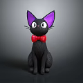 Cute Black Cat Toy With Purple Ears White Eyes And Red Bow Tie Sitting On Gray Background