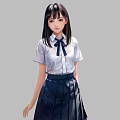 Game Movie Character In School Uniform With Long Black Hair White Shirt Dark Pleated Skirt