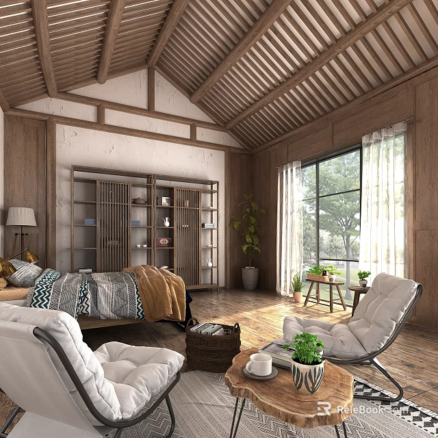 Chinese Style Hotel Guest Room With Wooden Ceiling Natural Light And Green Plants 3d model 