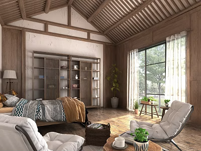 Chinese Style Hotel Guest Room With Wooden Ceiling Natural Light And Green Plants 3d model
