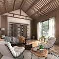 Chinese Style Hotel Guest Room With Wooden Ceiling Natural Light And Green Plants