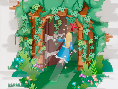 Cartoon Scene of Little Girl Entering Vines Covered Wooden Door with Flowers and Butterfly 3d model