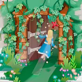 Cartoon Scene of Little Girl Entering Vines Covered Wooden Door with Flowers and Butterfly