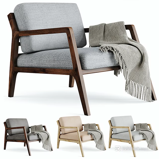 Modern Accent Chair With Wooden Frame Gray Upholstery Fringe Throw Blanket And Multiple Color Options 3d model 