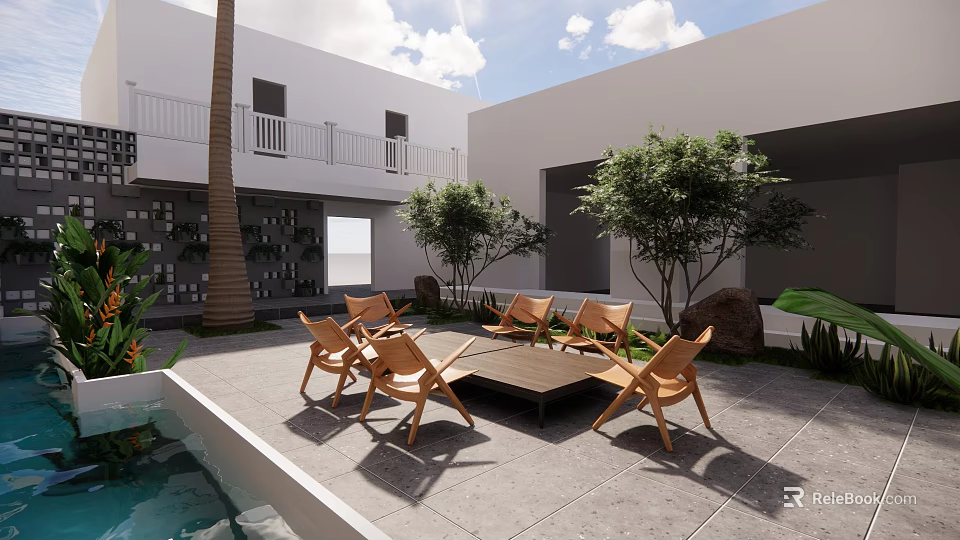 Garden Decorations For Outdoor Patio With Wooden Chairs Trees Water Feature And Stone Flooring 3d model 
