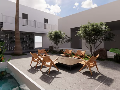 Garden Decorations For Outdoor Patio With Wooden Chairs Trees Water Feature And Stone Flooring 3d model