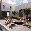 Garden Decorations For Outdoor Patio With Wooden Chairs Trees Water Feature And Stone Flooring